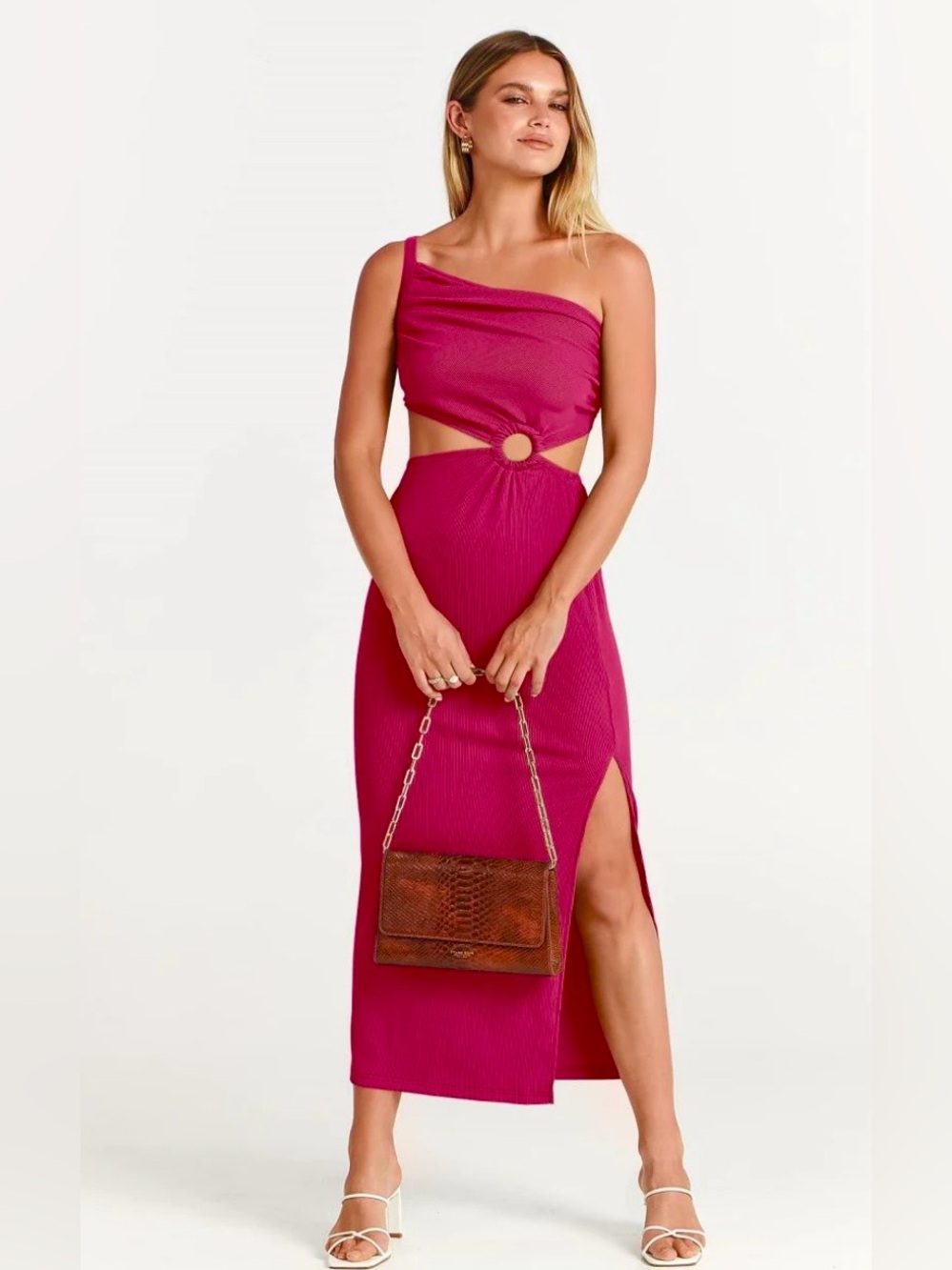 NWT ANRABESS Fuchia Pink Ribbed Cutout One-Shoulder Maxi Dress Size Medium